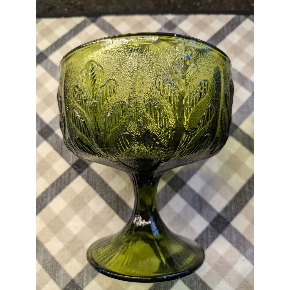 Set of 2 Vintage 1975 FTD Olive Green Pressed Glass Goblet & Dessert Coupe - Picture 3 of 7